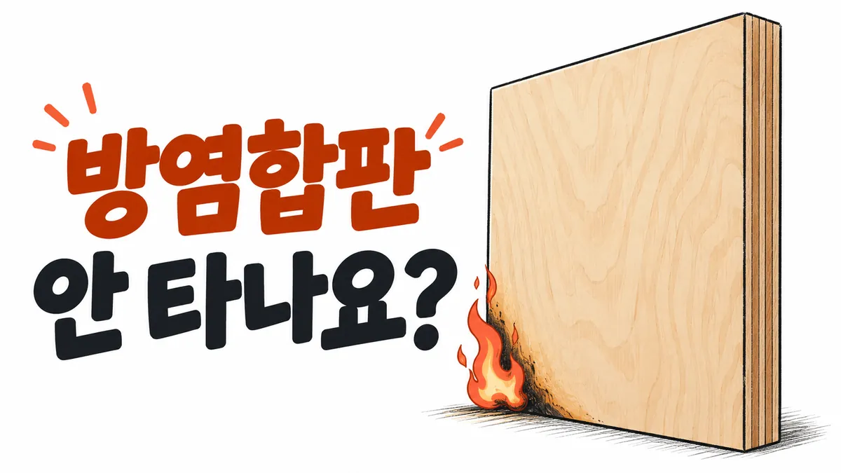 방염합판은 불에 안 타는지 묻는 문구와 모서리에 불꽃이 닿은 합판을 그린 개념 그림