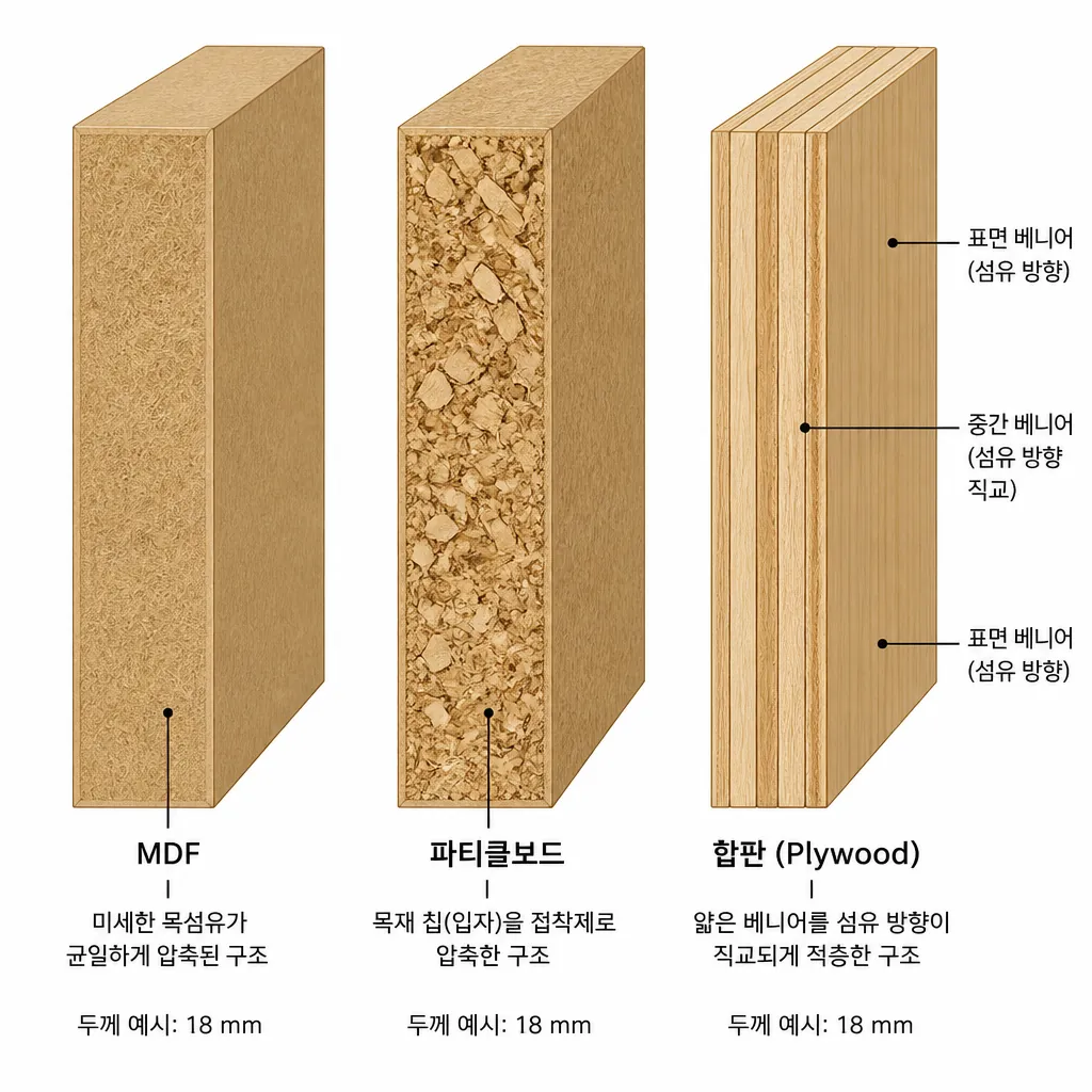 MDF, 파티클보드, 합판의 구조를 비교한 개념 그림