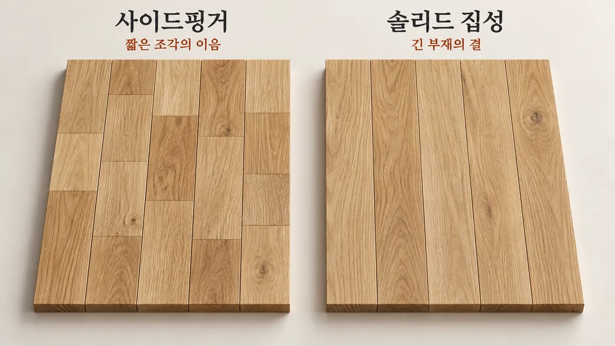 사이드핑거의 짧은 조각 이음과 솔리드 집성의 긴 부재 결을 동일한 크기의 오크 판으로 비교한 AI 개념 이미지