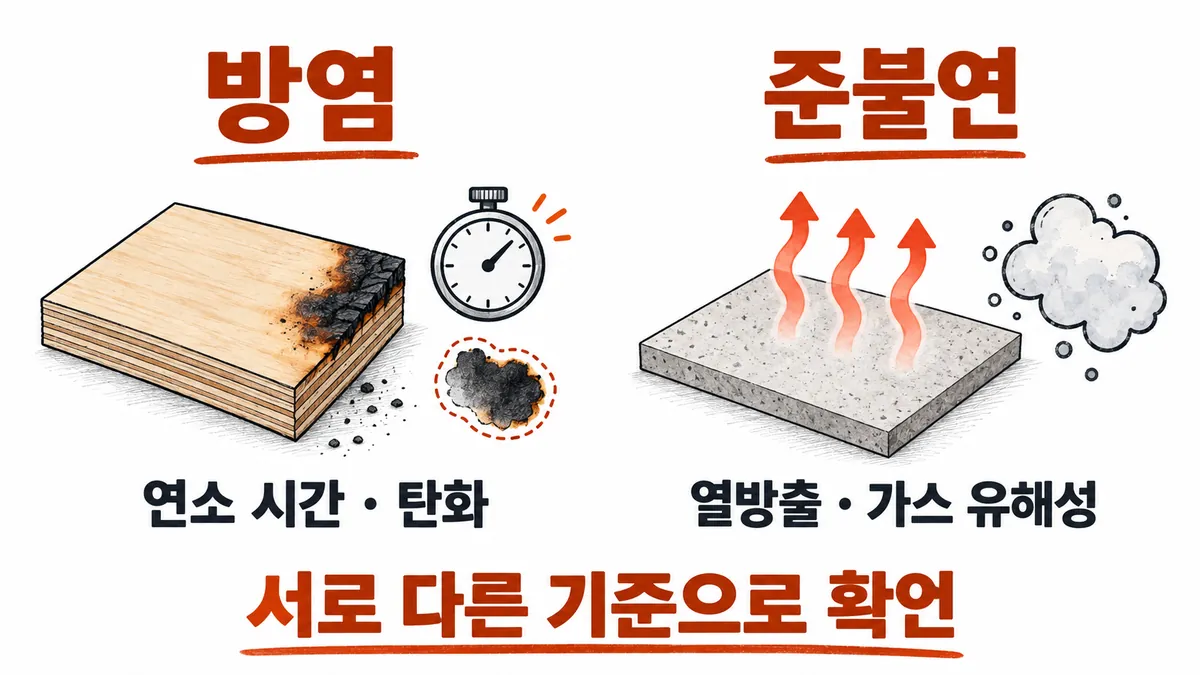 방염은 연소 시간과 탄화, 준불연은 열방출과 가스 유해성 등 서로 다른 항목을 확인한다는 비교 개념도