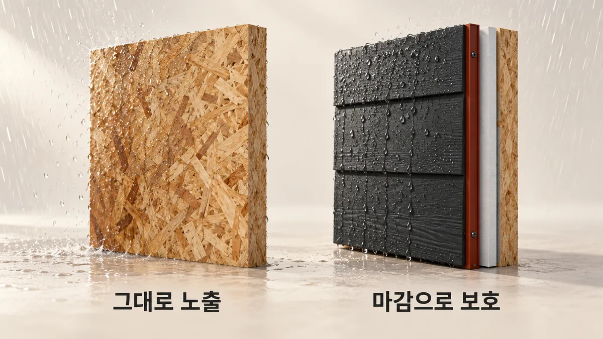 같은 빗물 노출 상황에서 OSB 표면을 그대로 드러낸 경우와 외장 마감으로 보호한 경우를 비교한 AI 개념도