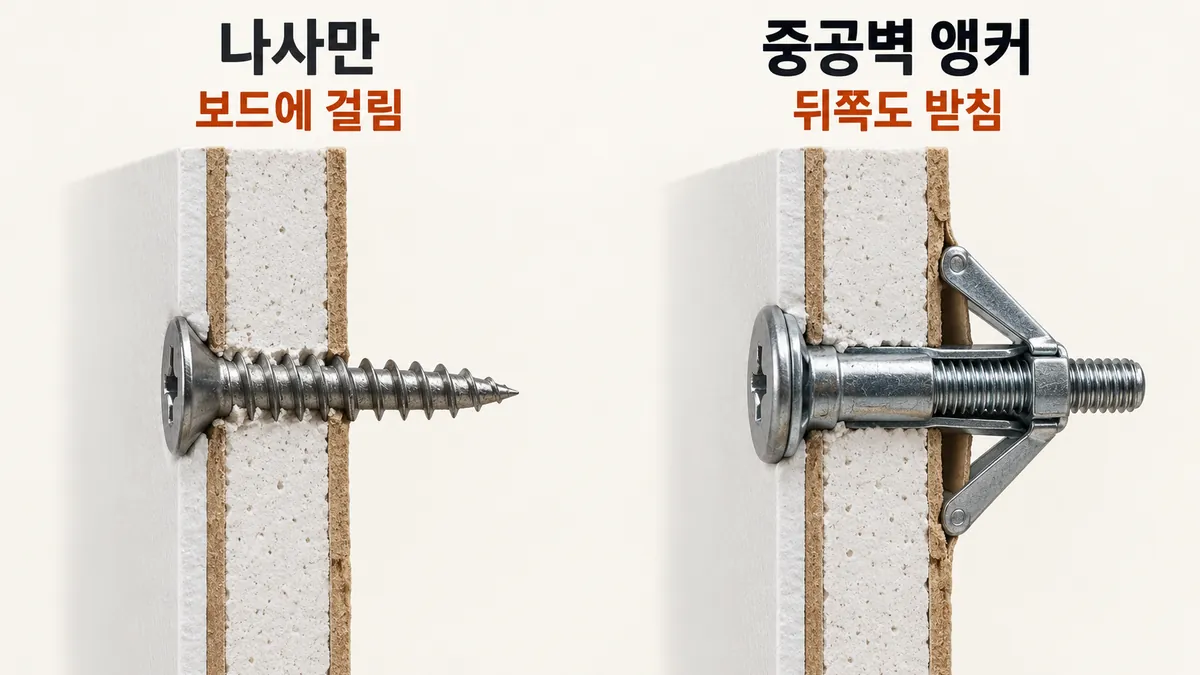나사만 보드에 걸린 경우와 중공벽 앵커가 보드 뒤쪽도 받치는 경우를 비교한 개념 이미지